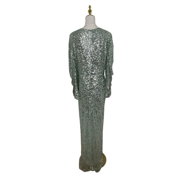 Mac Duggal 5638 Seafoam Green Sequins High Slit Bishop Sleeve Gown Size 12 $598 - Picture 4 of 6